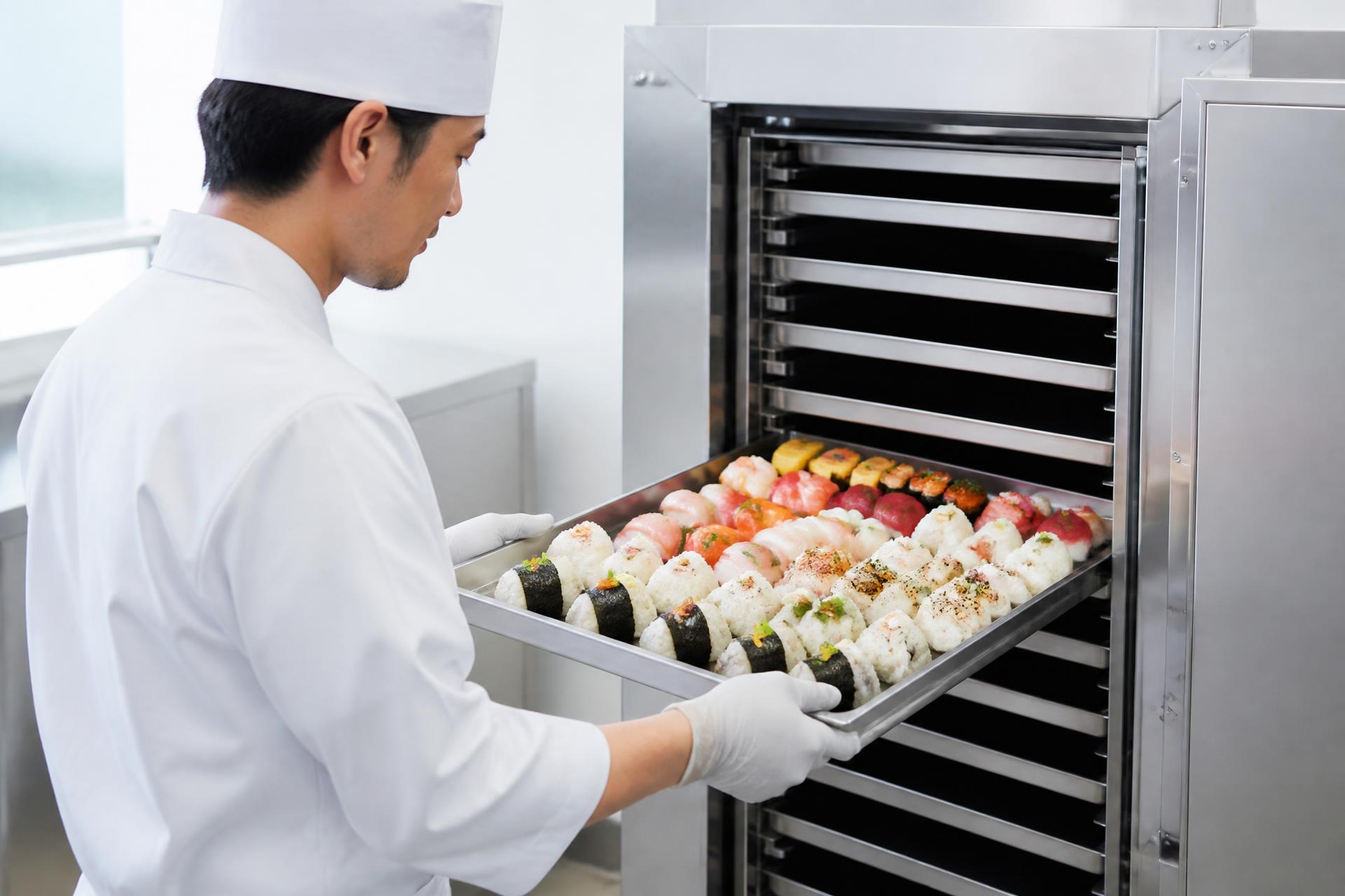 主廚從 3D Freezer® 不鏽鋼急速冷凍機中拉出擺滿壽司與飯糰的托盤